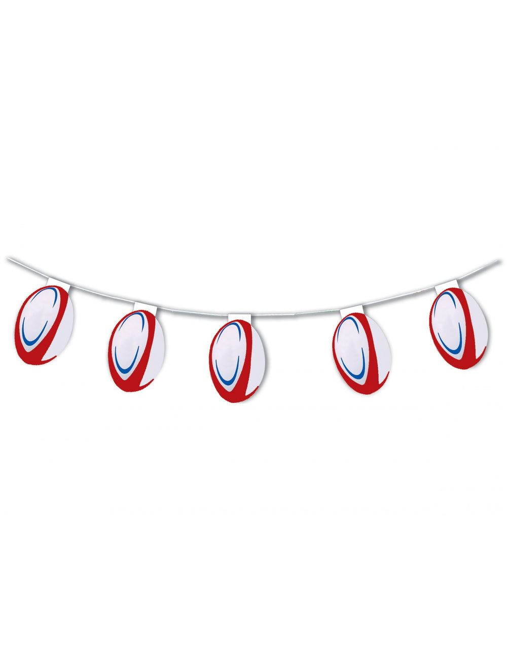 Guirlande en papier ignifugé ballons de rugby pour décoration blanc rouge et bleu