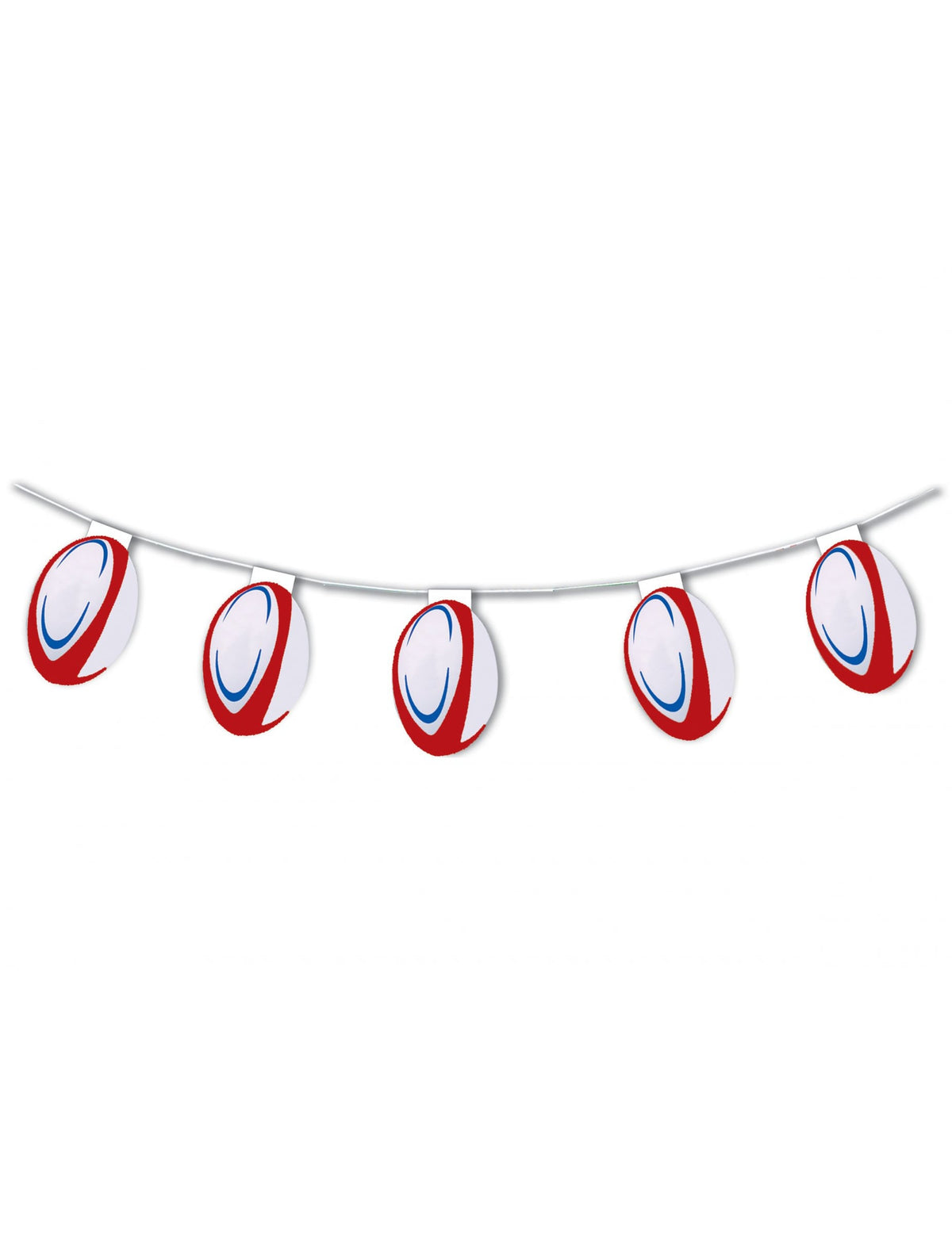 Guirlande en papier ignifugé ballons de rugby pour décoration blanc rouge et bleu