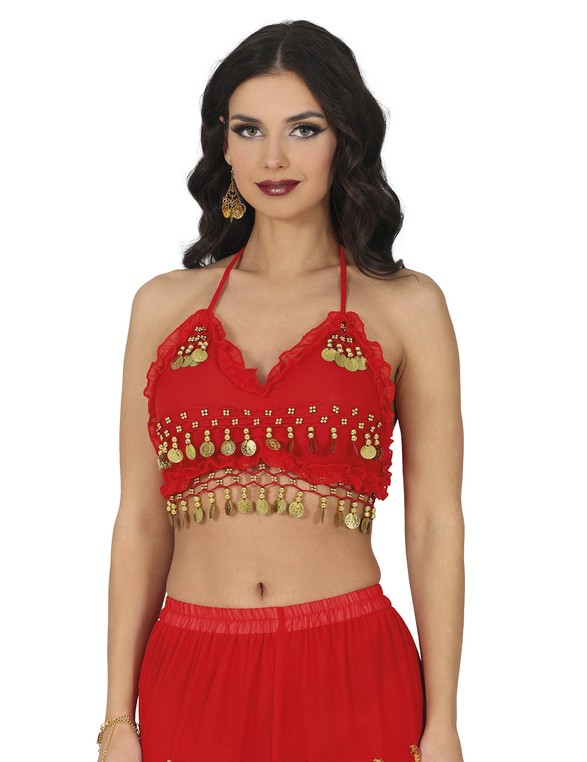 Haut de danseuse orientale pour femme rouge avec pièces dorées