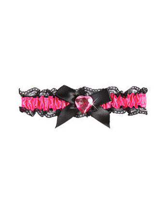 Jarretière en satin pour femme rose et noire avec dentelle et bijou cœur