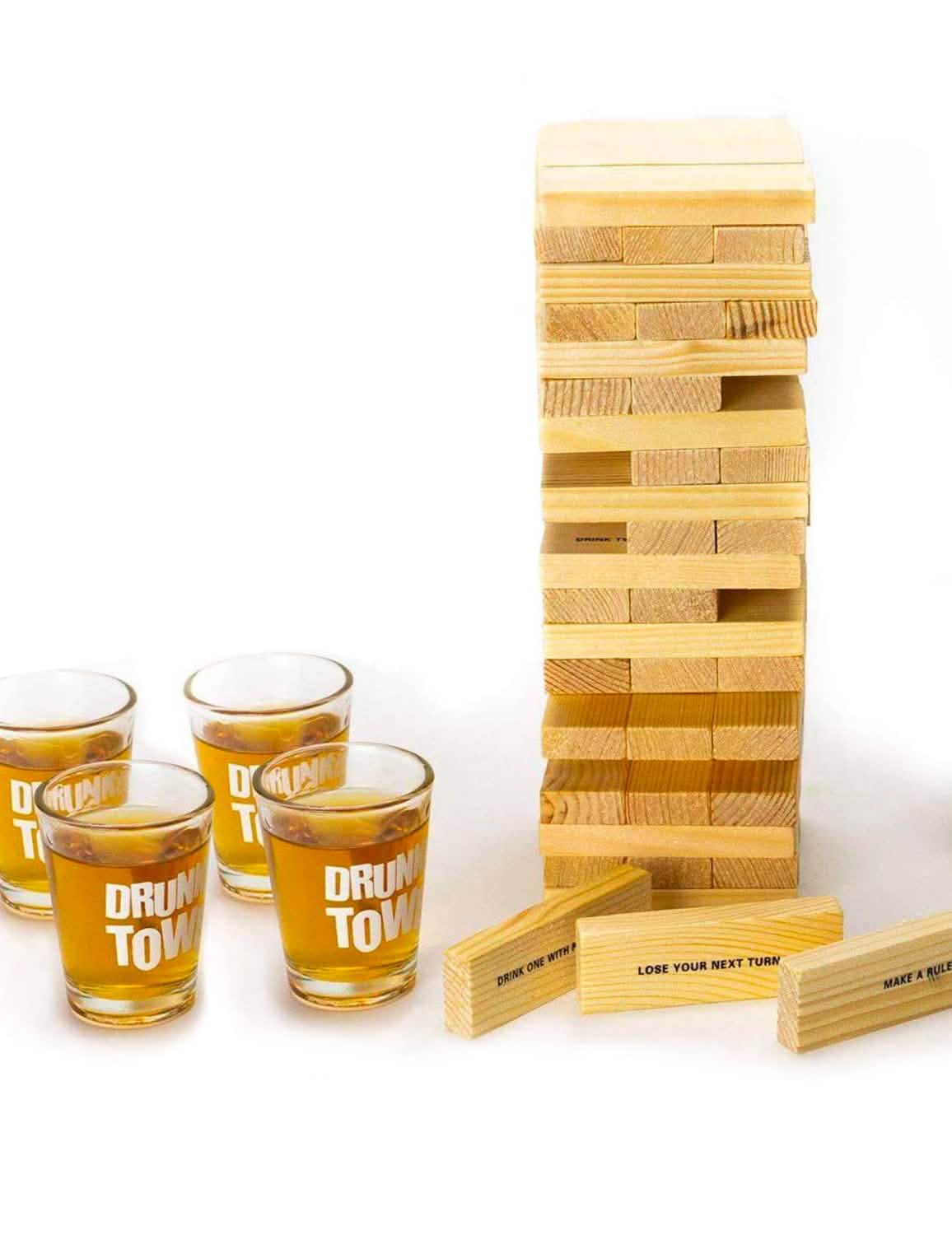 Jeu d'apéro Drunken tower pour adulte en bois avec 4 verres à shot