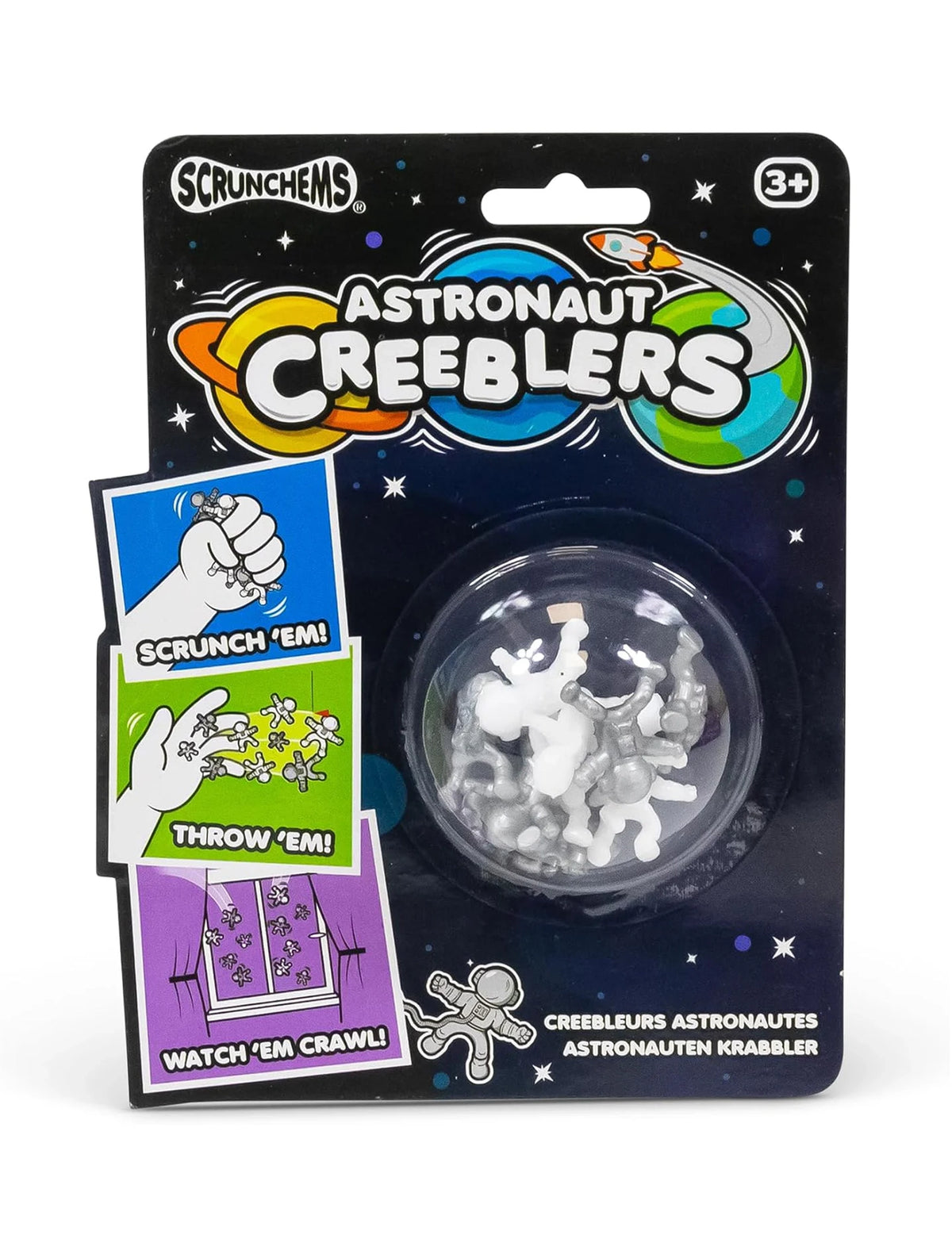 Vue de l'emballage des jouets astronautes adhérents Creeblers