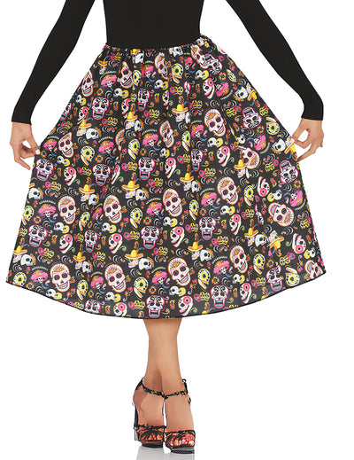 Jupe Dia de los muertos pour adulte noire à motifs têtes de mort colorées