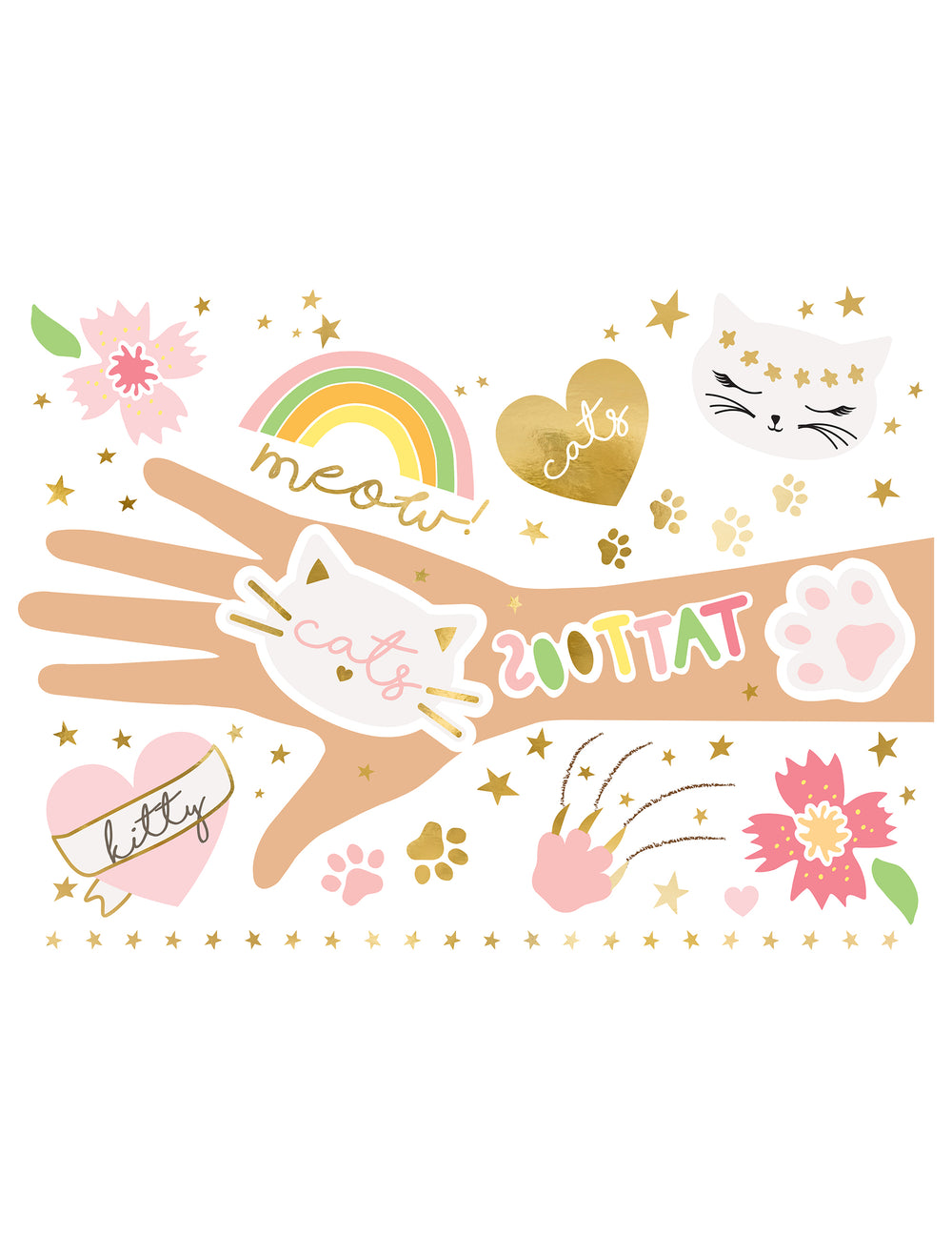 Kit 12 tatouages chatons éphémères pour enfant colorés et dorés