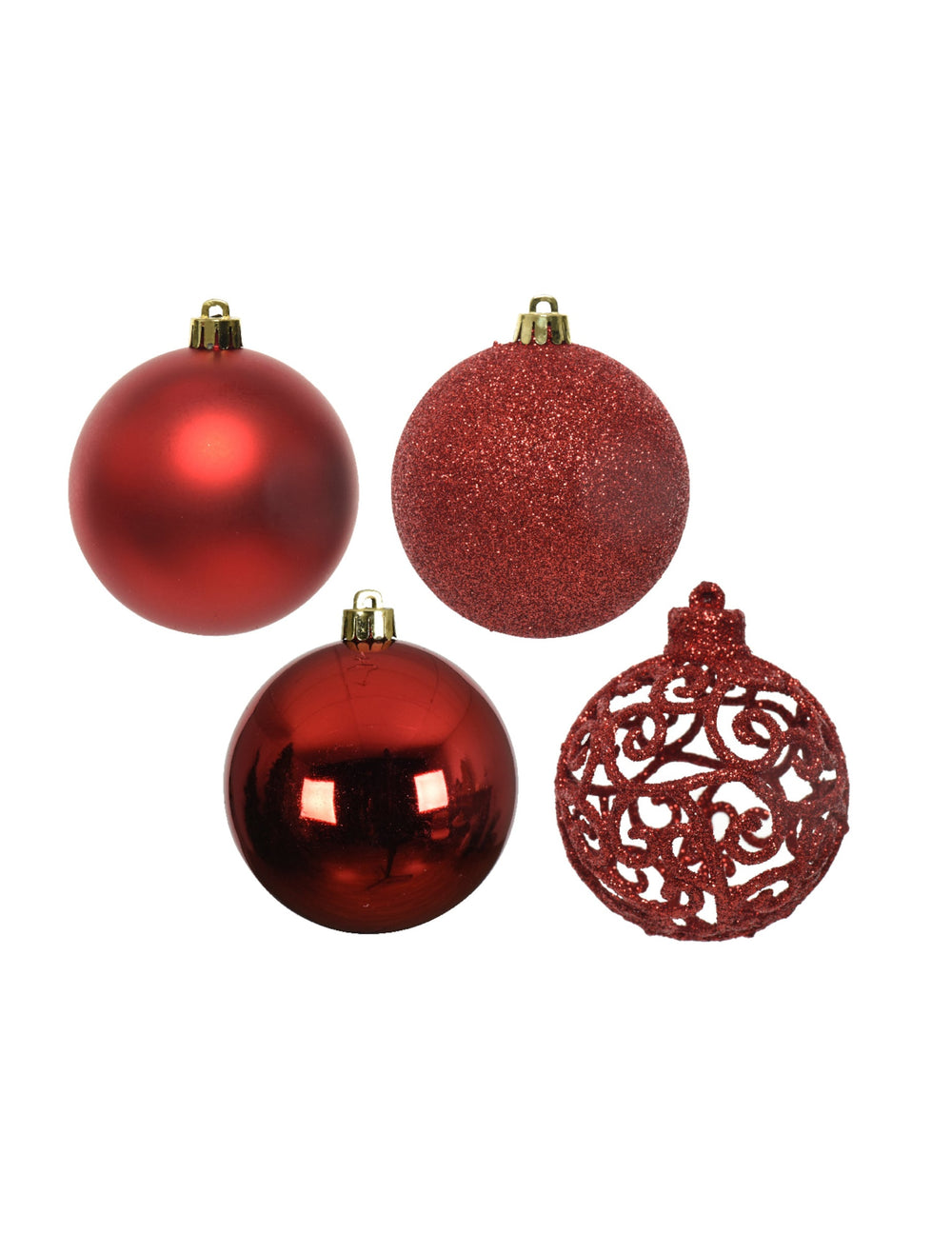 Boules de Noël pour décoration rouges aux finitions mates, brillantes et pailletées