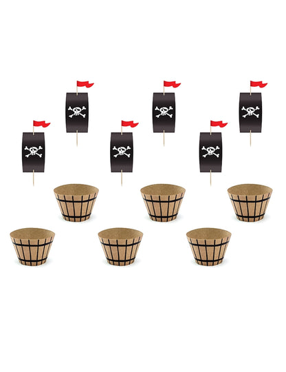 Kit à cupcake pirate pour enfant marron et noir avec tonneaux et voiles têtes de mort
