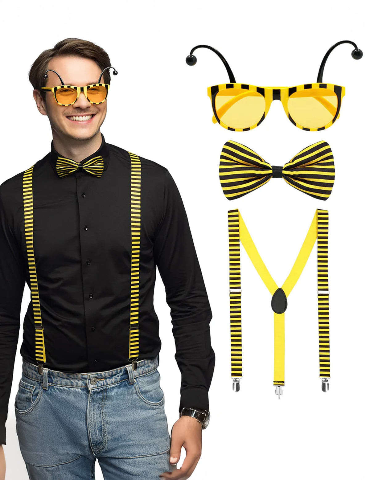 Kit accessoires abeille pour adulte jaune et noir avec lunettes noeud papillon et bretelles