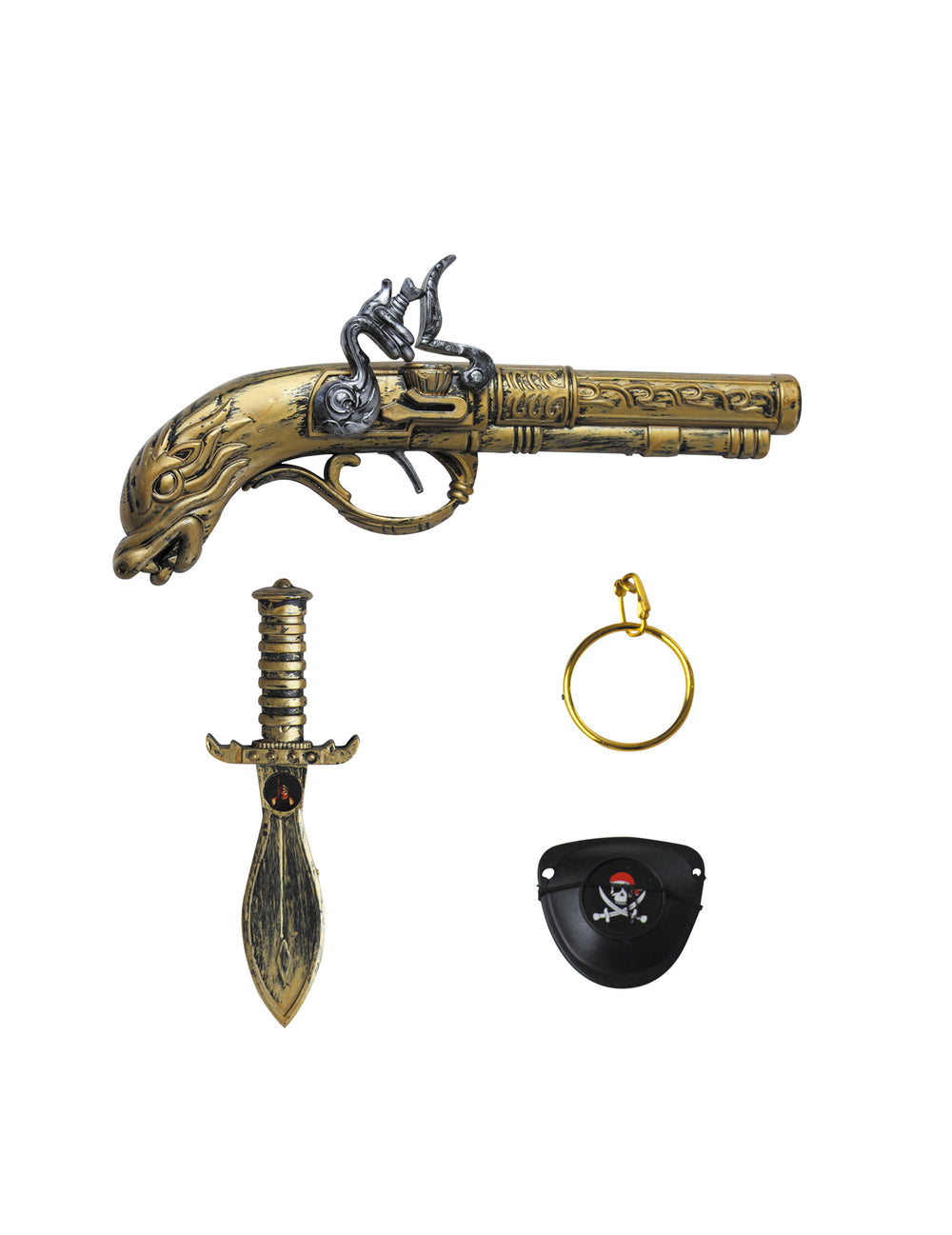 Kit accessoires boucanier pour adulte dorés et noirs avec pistolet, dague, boucle d'oreille et cache-œil