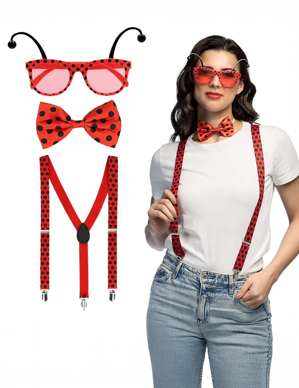 Kit accessoires coccinelle pour adulte rouge à pois noirs avec lunettes et bretelles