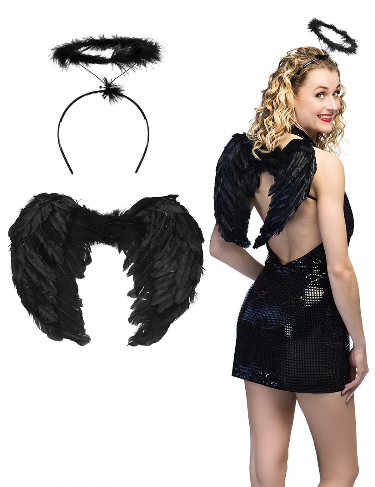 Kit accessoires d'ange noir pour femme avec ailes et auréole en plumes