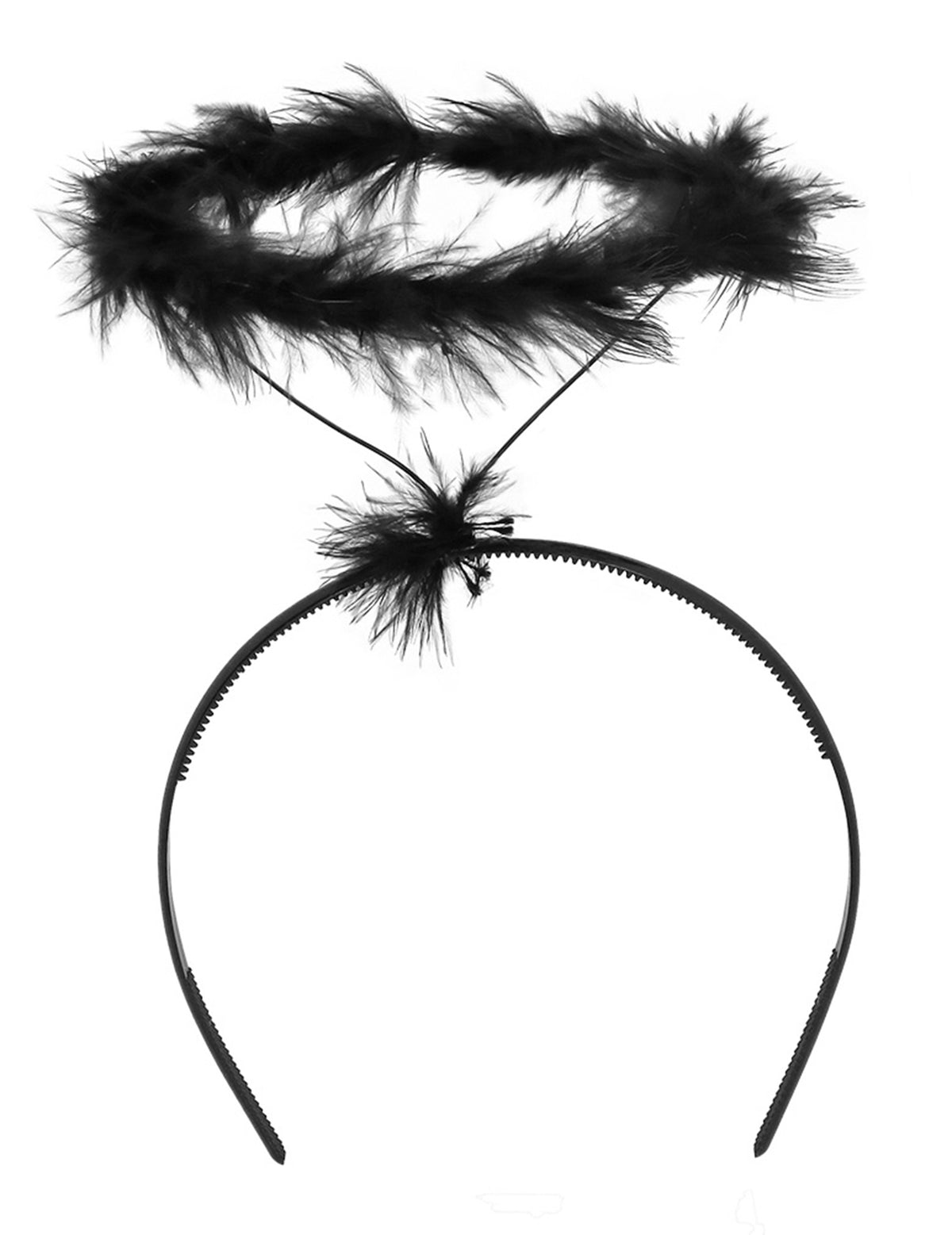 Gros plan sur l'auréole en plumes du kit accessoires d'ange noir