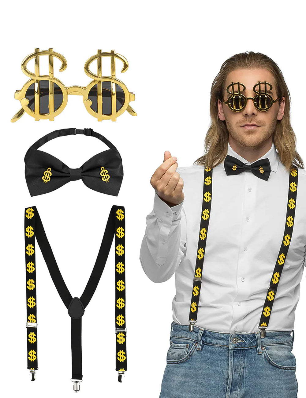Kit accessoires dollars pour adulte noir et doré avec lunettes bretelles et noeud papillon