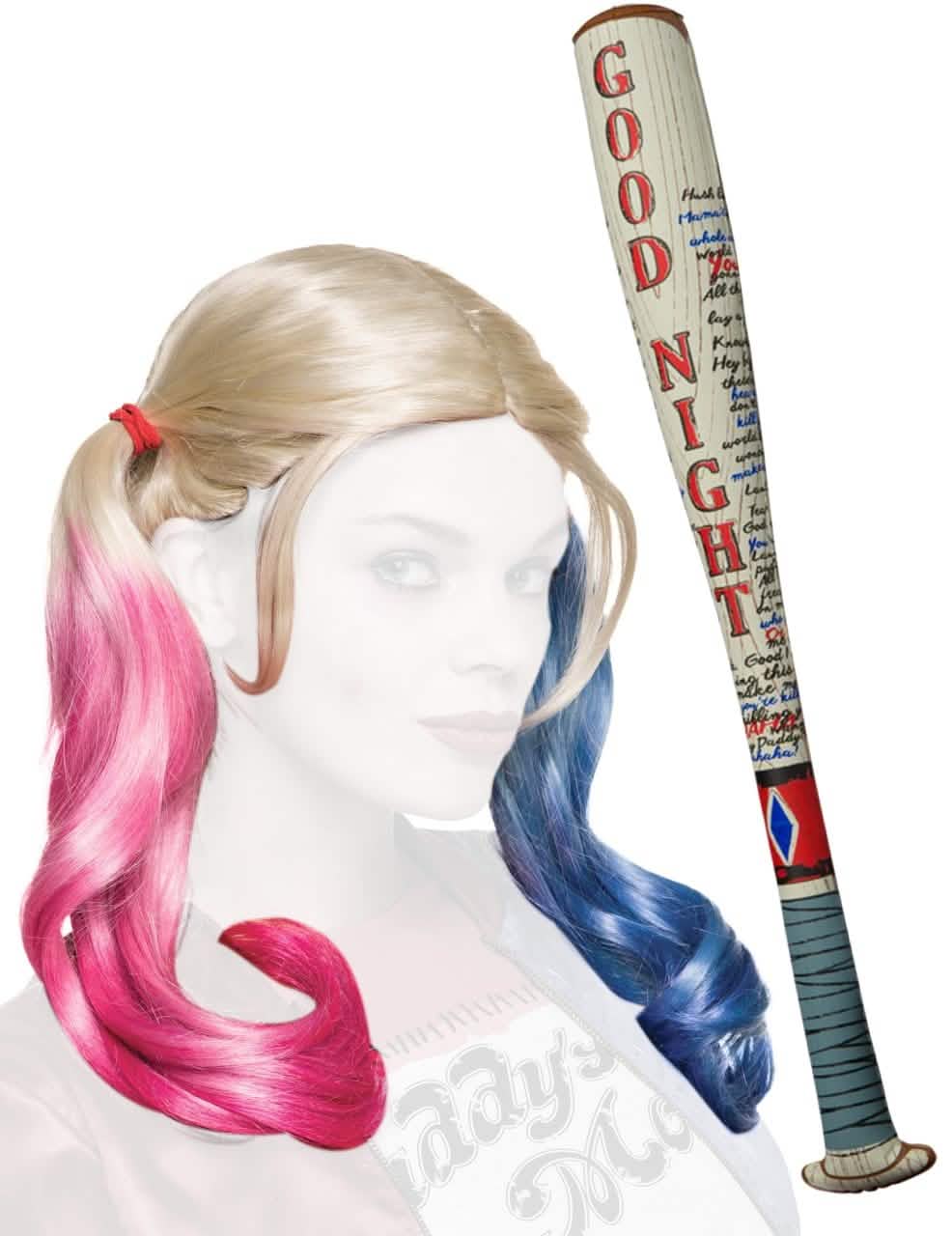Komplet dodatkov Harley Quinn za žensko s svetlimi kitkami, roza in modro batino za baseball