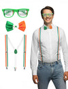 Kit accessoires Irlandais St Patrick pour adulte vert blanc orange avec lunettes noeud papillon et bretelles