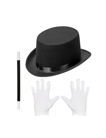 Kit accessoires magicien pour enfant noir et blanc avec chapeau haut-de-forme gants et baguette