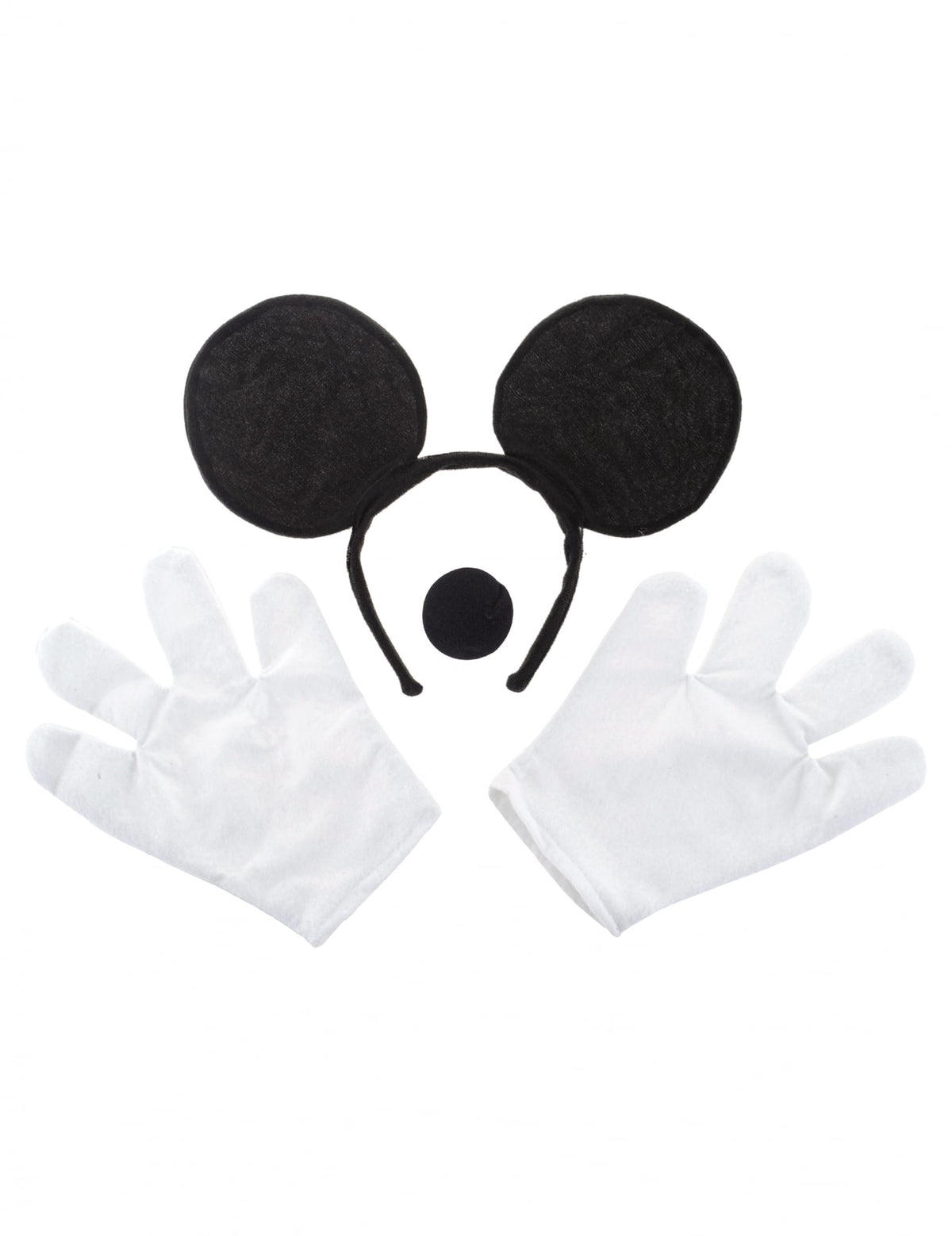 Détail des oreilles, du nez et des gants du kit accessoires souris pour adulte