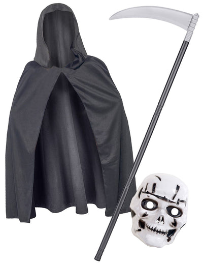 Kit accessoires squelette pour enfant noir et blanc avec cape masque et faux