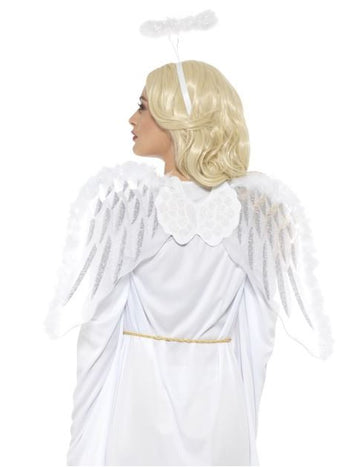 Beli angelski komplet s krili in halo za odrasle