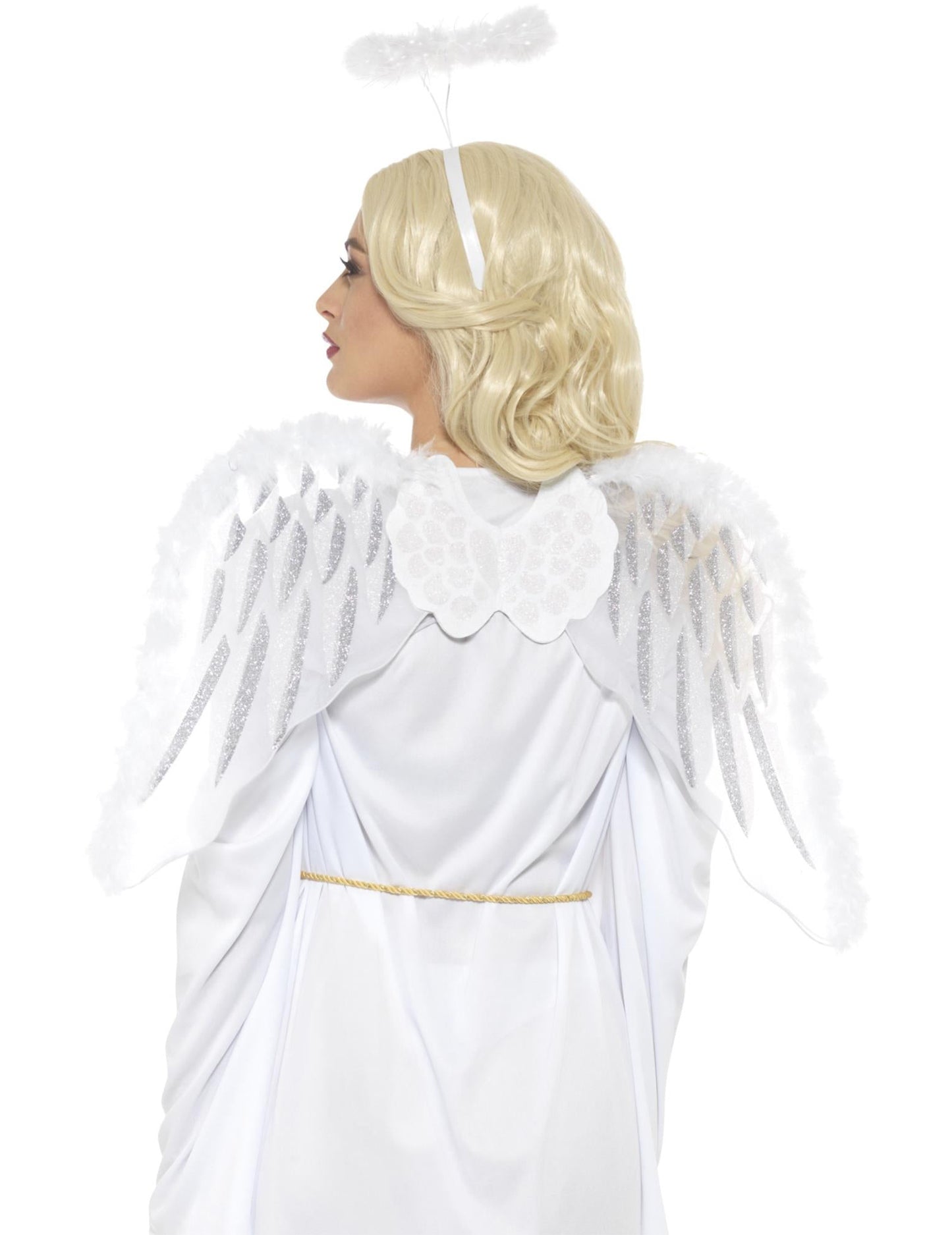 Beli angelski komplet s krili in halo za odrasle