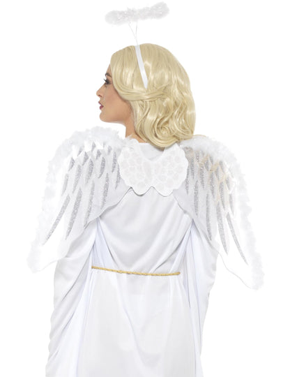 Beli angelski komplet s krili in halo za odrasle