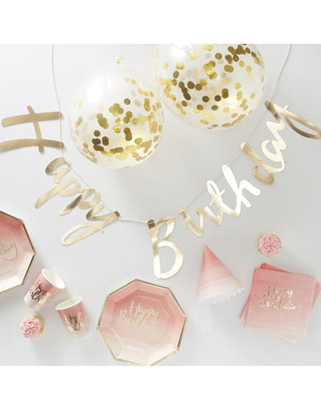 Kit complet déco et vaisselle anniversaire pour fête rose et doré avec guirlande et ballons à confettis