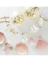 Kit complet déco et vaisselle anniversaire pour fête rose et doré avec guirlande et ballons à confettis