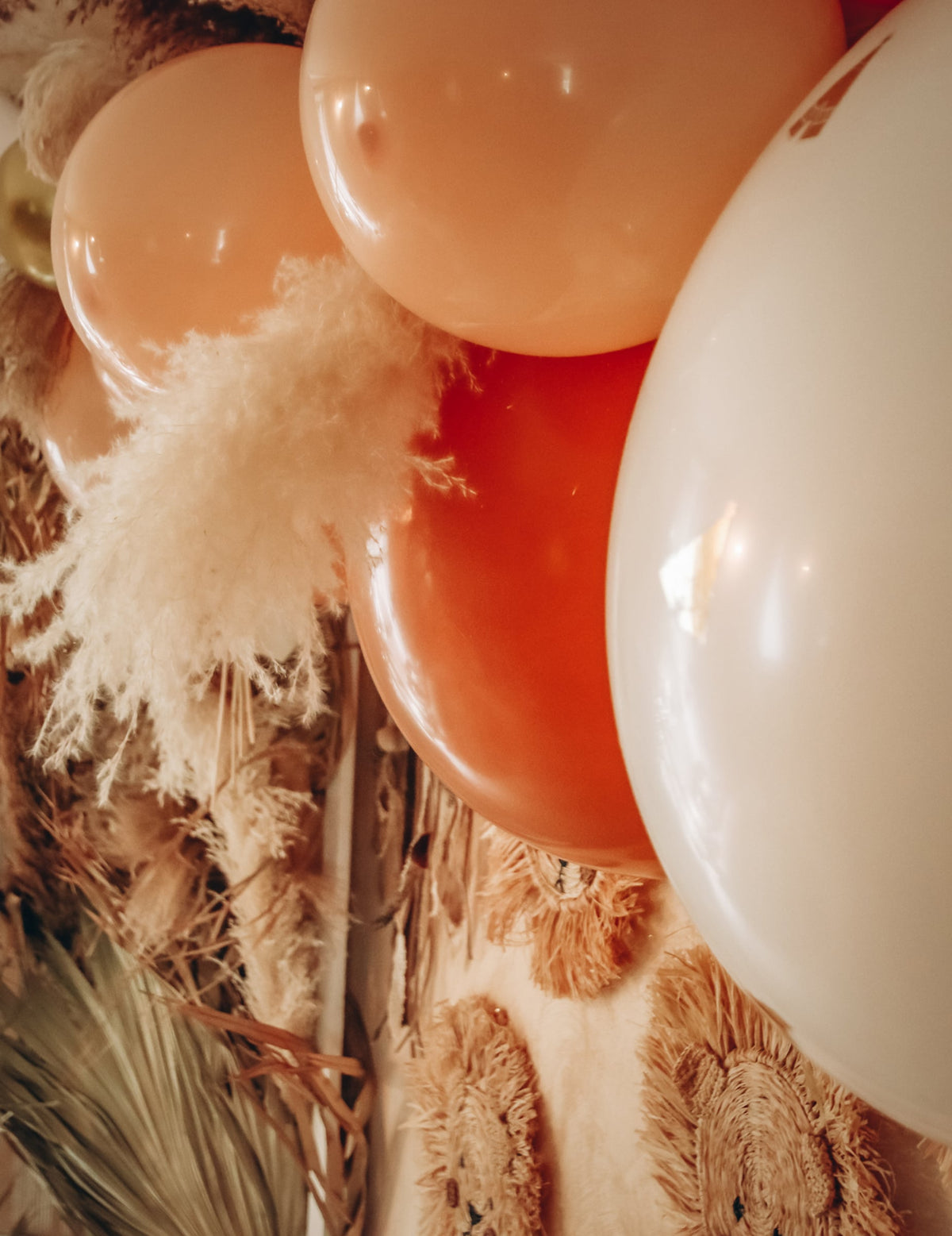 Zoom sur les ballons et les herbes de pampa du kit arche de 46 ballons boho pour mariage et anniversaire