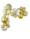 Kit arche de 56 ballons déco bohème pour fête vert sauge, or et blanc