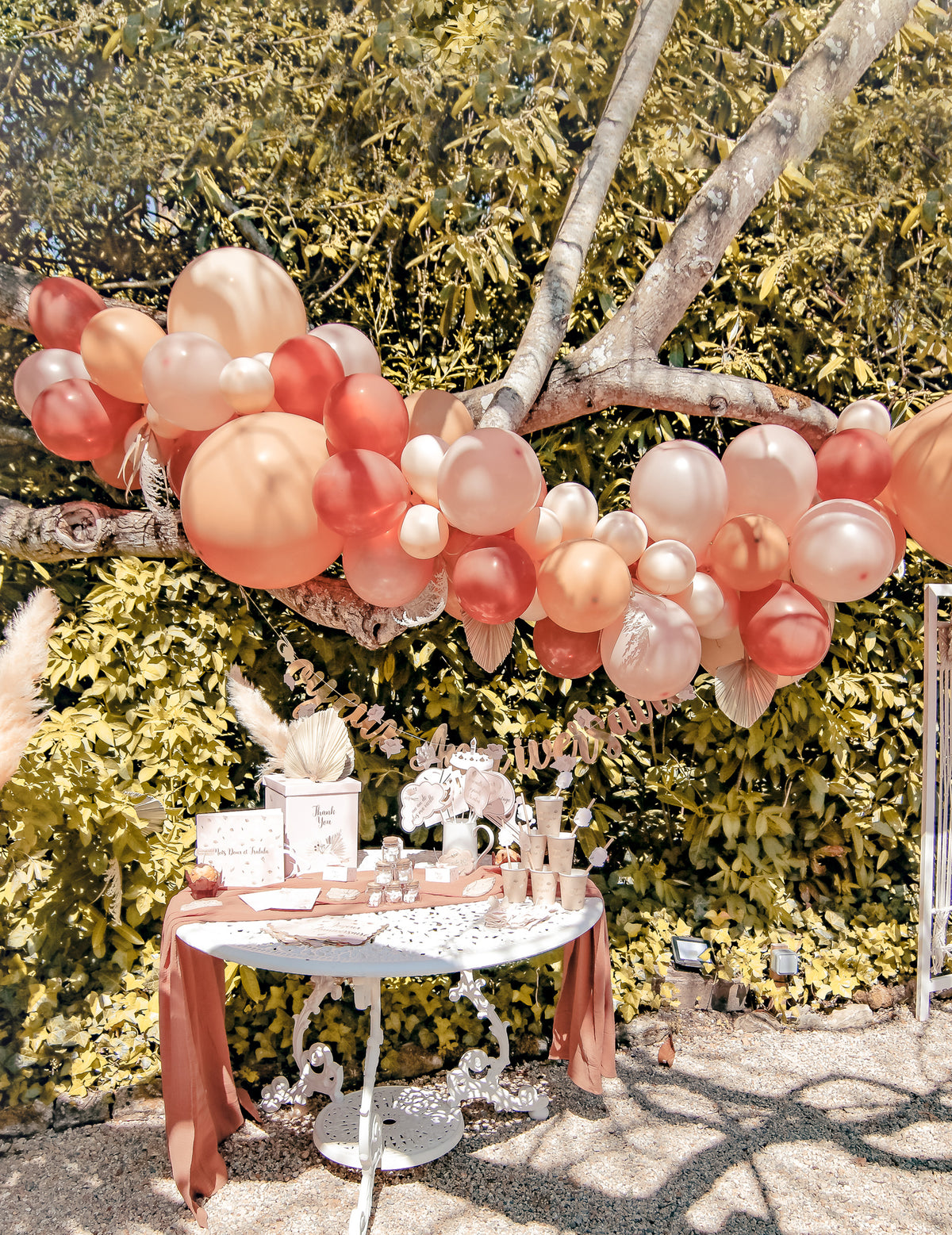 Mise en situation en extérieur du kit arche de 70 ballons boho avec pampa et feuilles séchées