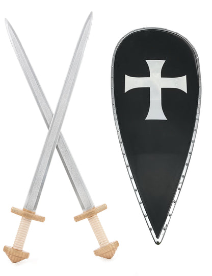 Kit bouclier et 2 épées chevalier croisé pour enfant noir et argent avec croix blanche