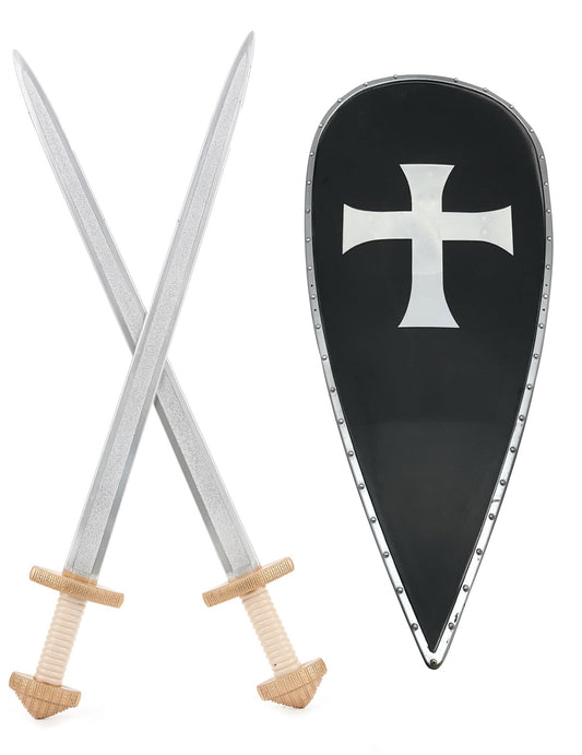 Kit bouclier et 2 épées chevalier croisé pour enfant noir et argent avec croix blanche