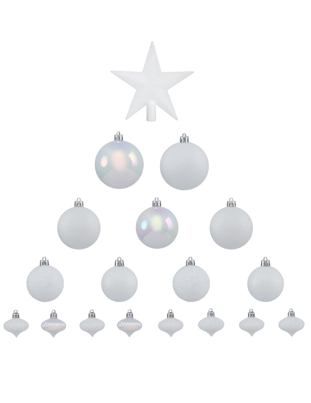 Vue d'ensemble du contenu du kit décorations de sapin blanc pour fête