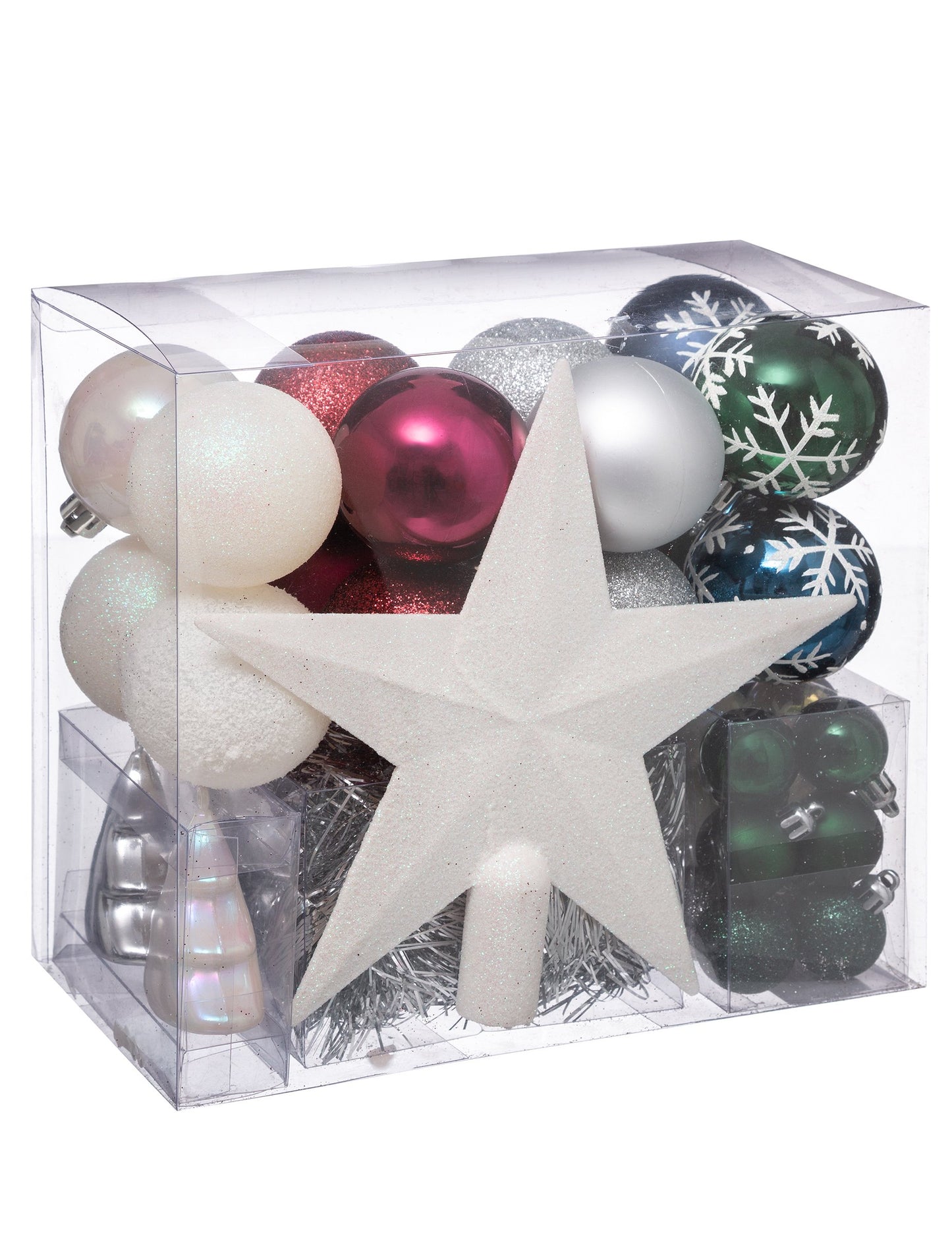 44-delni komplet za okrasitev božičnega drevesca v beli, rdeči, modri in zeleni barvi, vključno z kroglicami in okrasnim vrhom drevesca