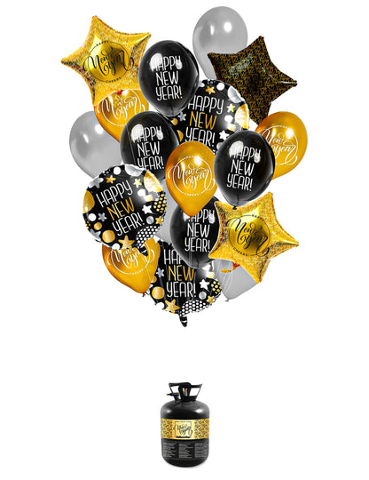 Kit bouquet de ballons avec hélium Happy New Year pour le Nouvel An noir, doré et argenté