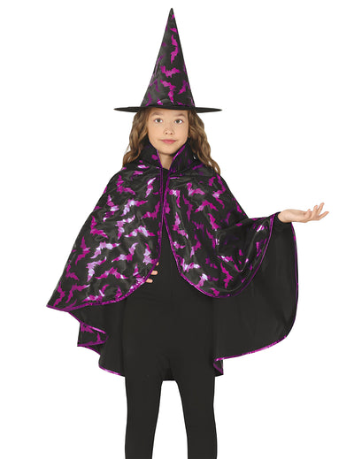 Kit cape et chapeau de sorcière chauve-souris pour enfant noir et violet à motifs brillants