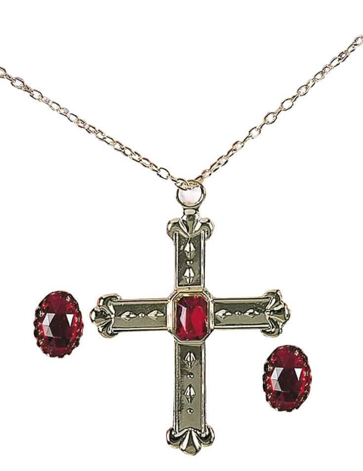 Kit de bijoux cardinal pour adulte doré avec croix et pierres rouges
