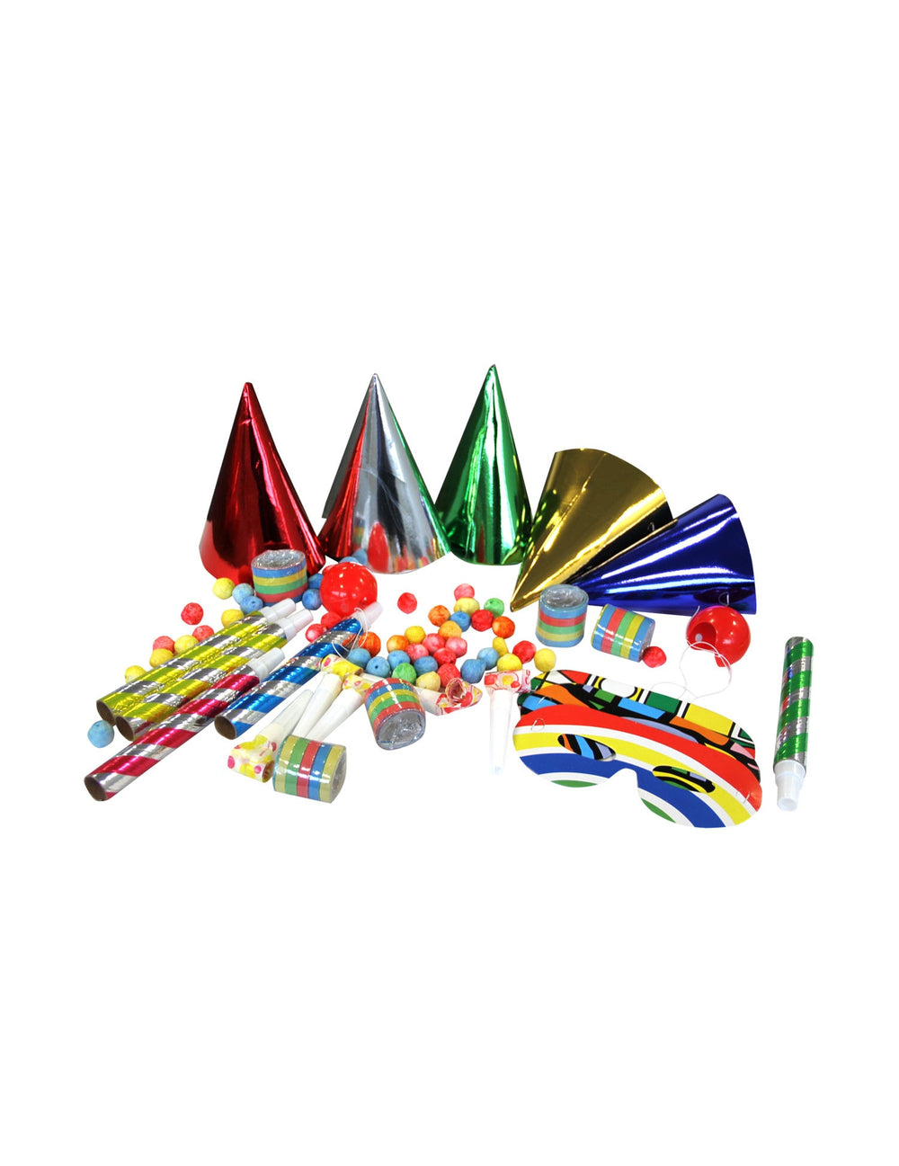 Vue d'ensemble des accessoires du kit cotillons de fête pour 5 personnes