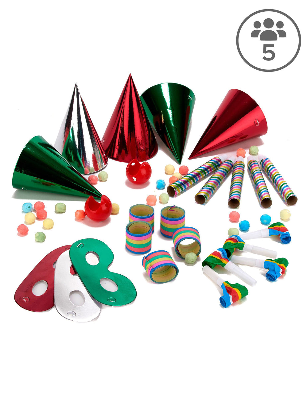 Kit cotillons pour 5 personnes multicolore avec chapeaux masques et sarbacanes