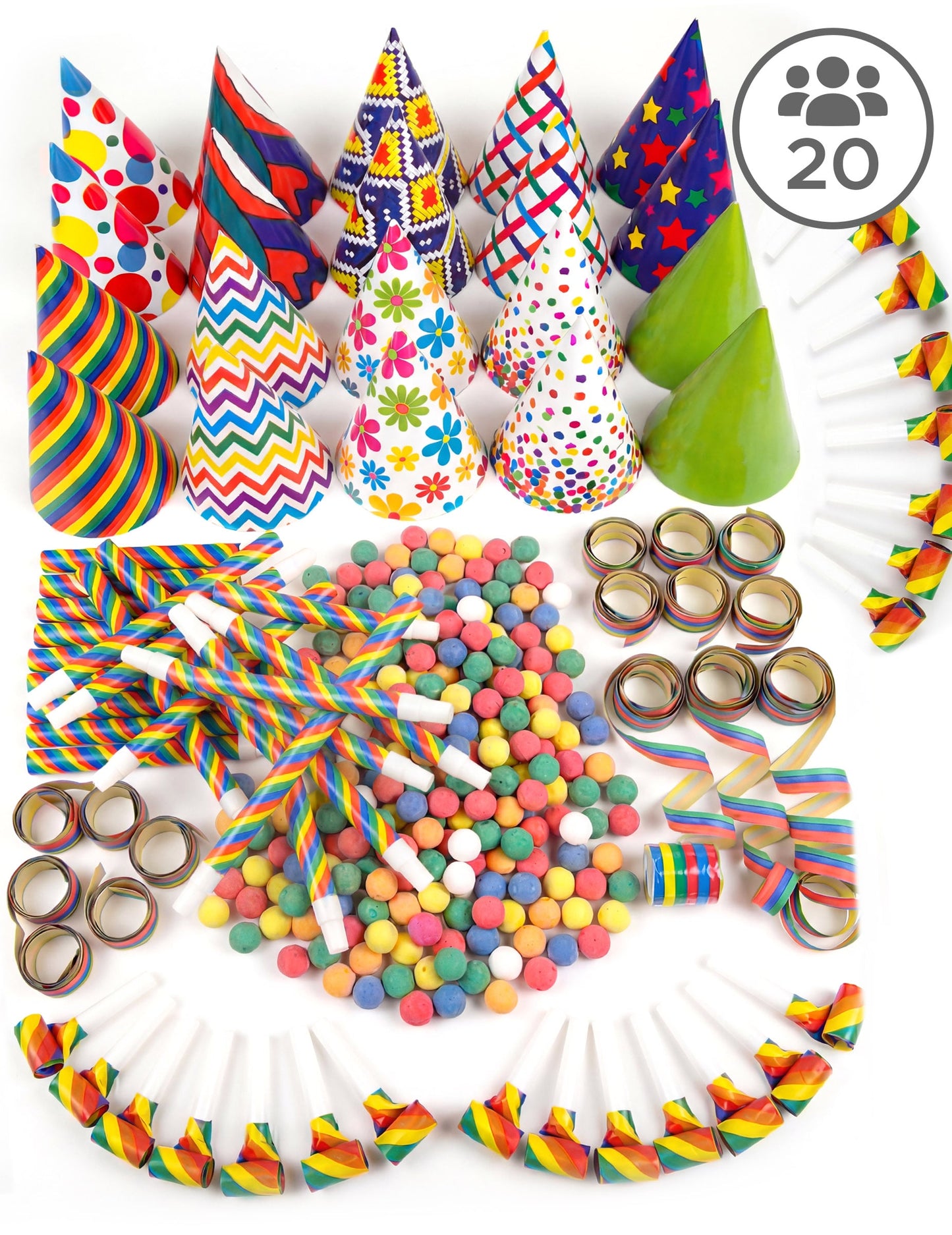 Kit cotillons multicolores pour 20 personnes avec chapeaux, sans-gênes et serpentins