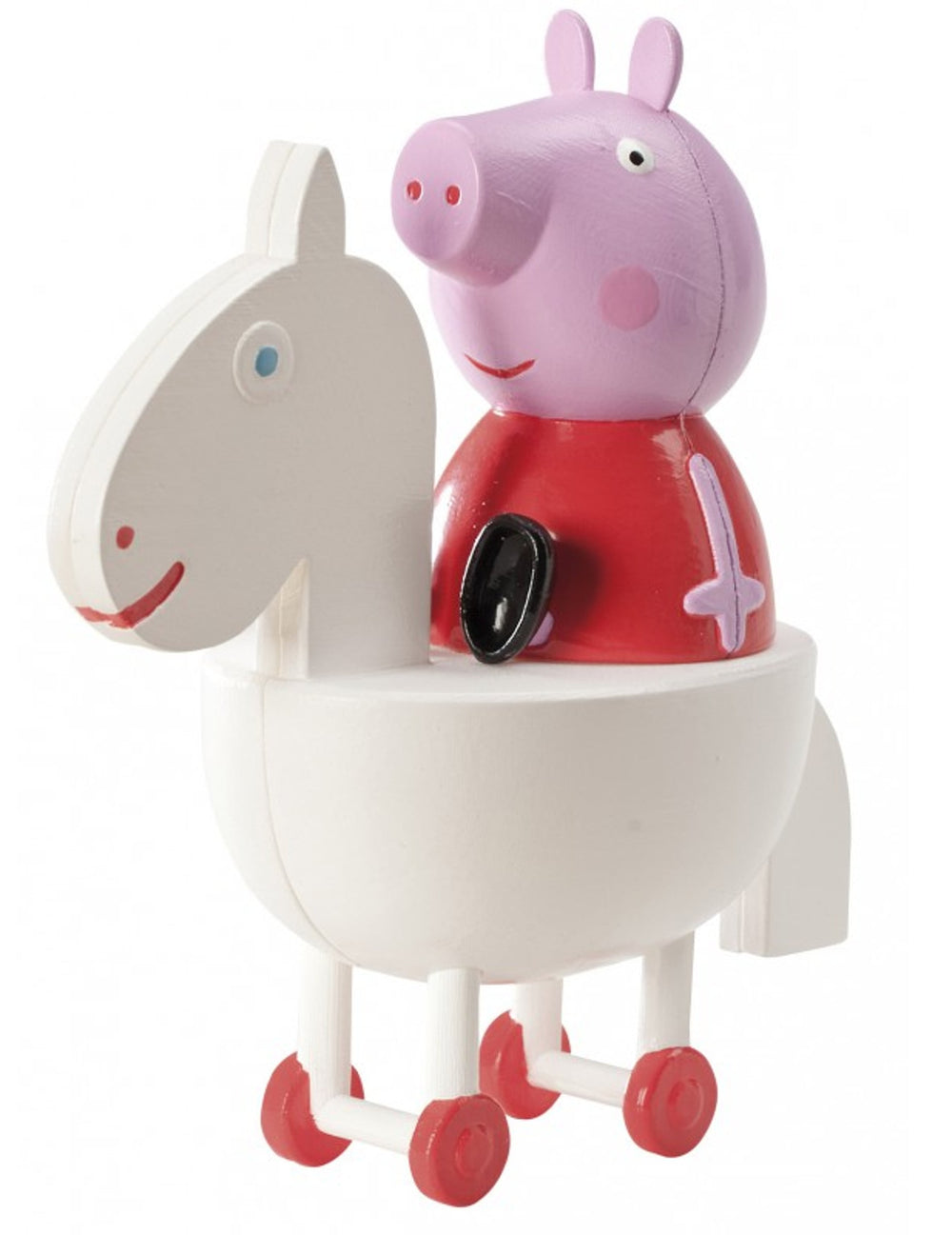 Vue de profil de la figurine de Peppa sur son cheval blanc du kit de décoration pour gâteau Peppa Pig
