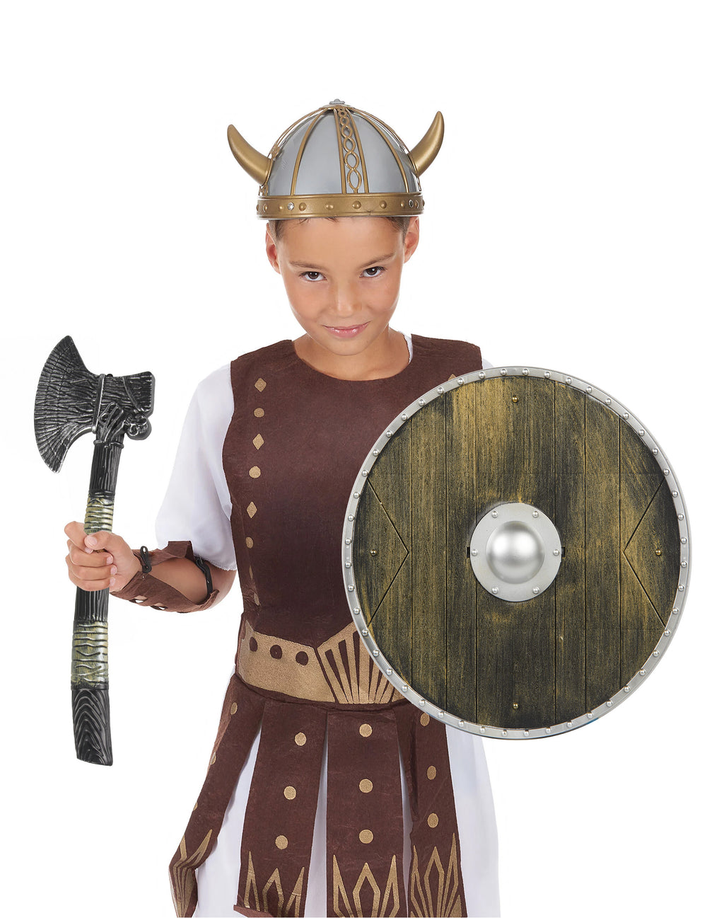 Vue de face de l'enfant portant le kit de viking pour enfant