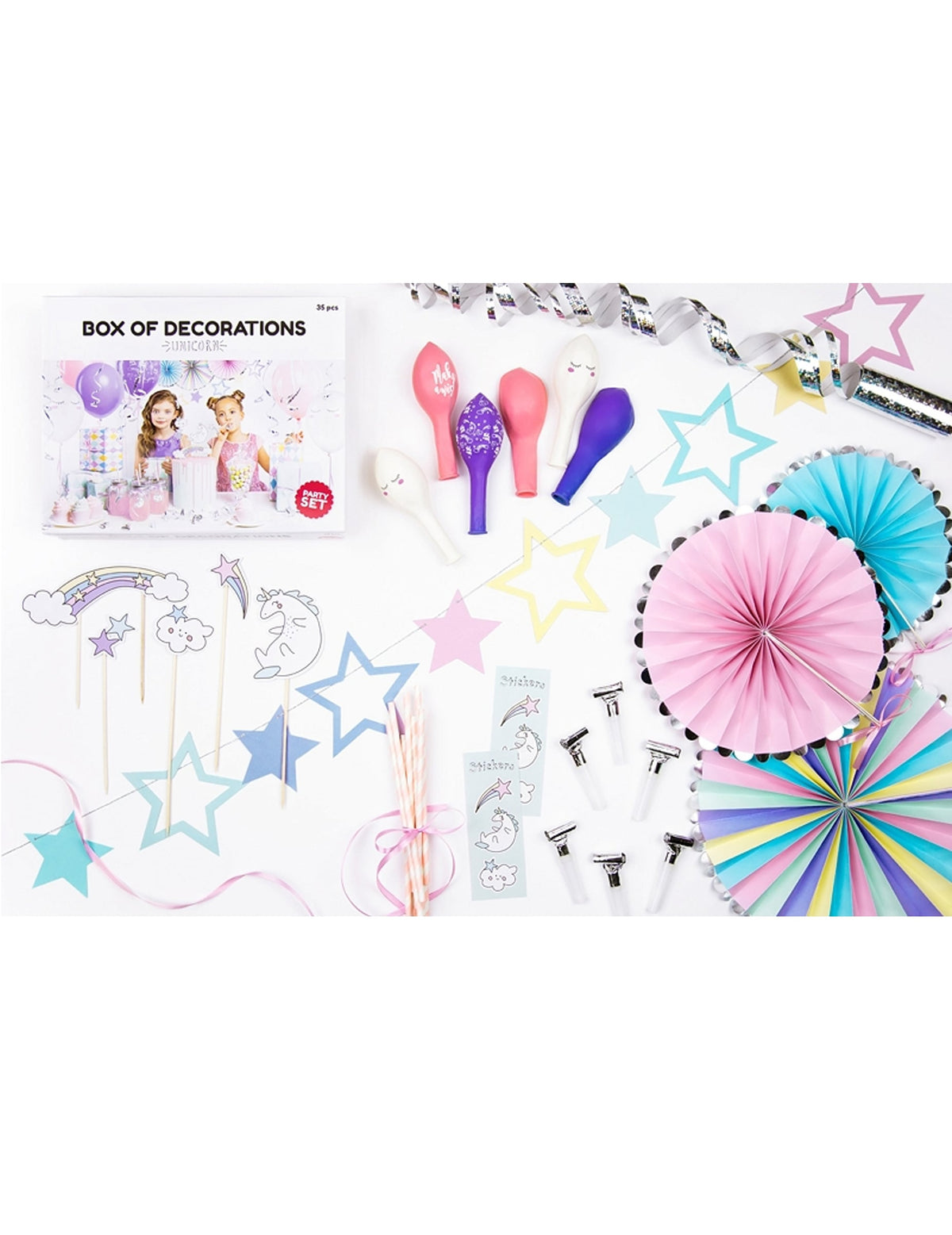 Kit décoration anniversaire licorne pour enfant rose, bleu et violet avec ballons et rosaces