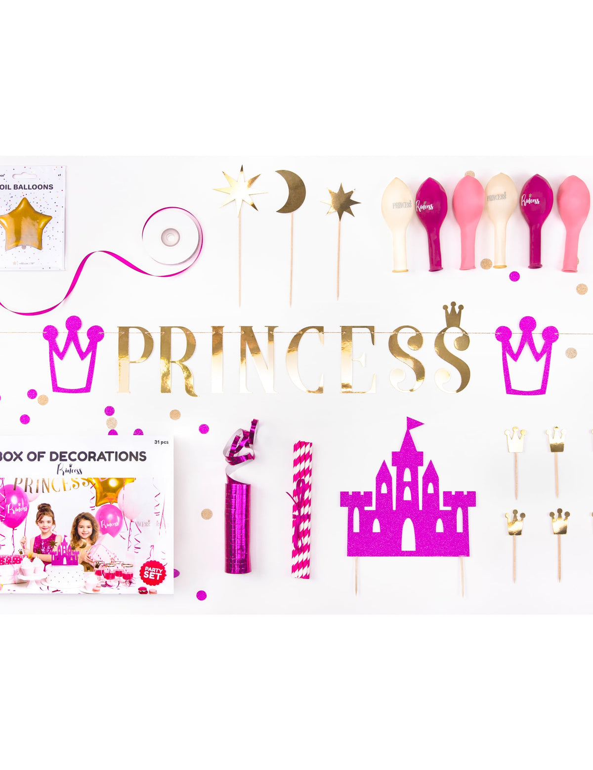 Kit décoration anniversaire princesse pour fille rose et doré 31 pièces