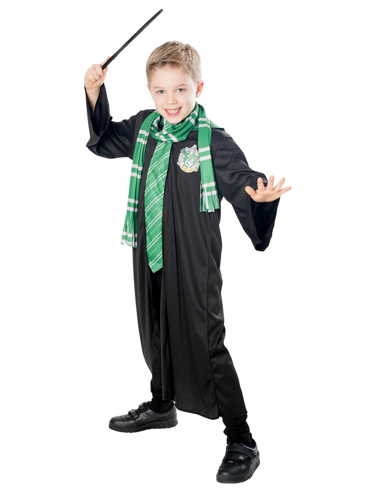 Kit déguisement et accessoires Serpentard Harry Potter™ pour enfant noir et vert avec baguette et écharpe