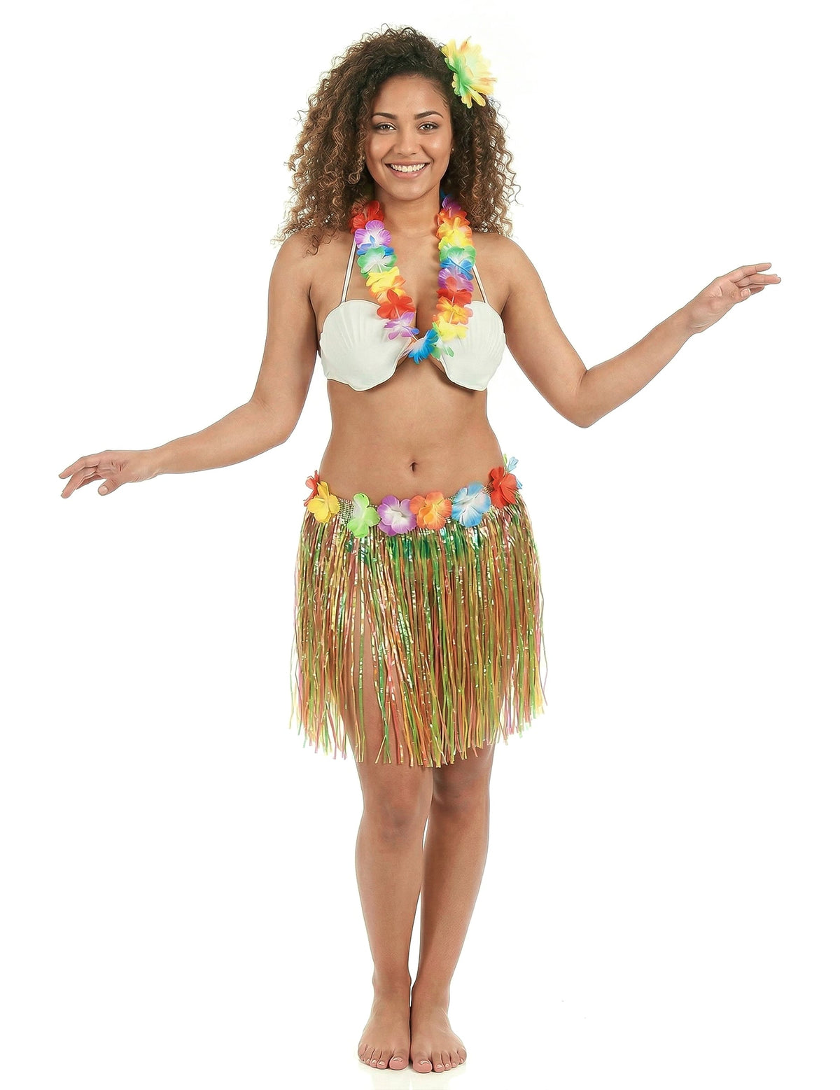 Kit déguisement Hawaï pour femme multicolore avec jupe en paille et collier de fleurs