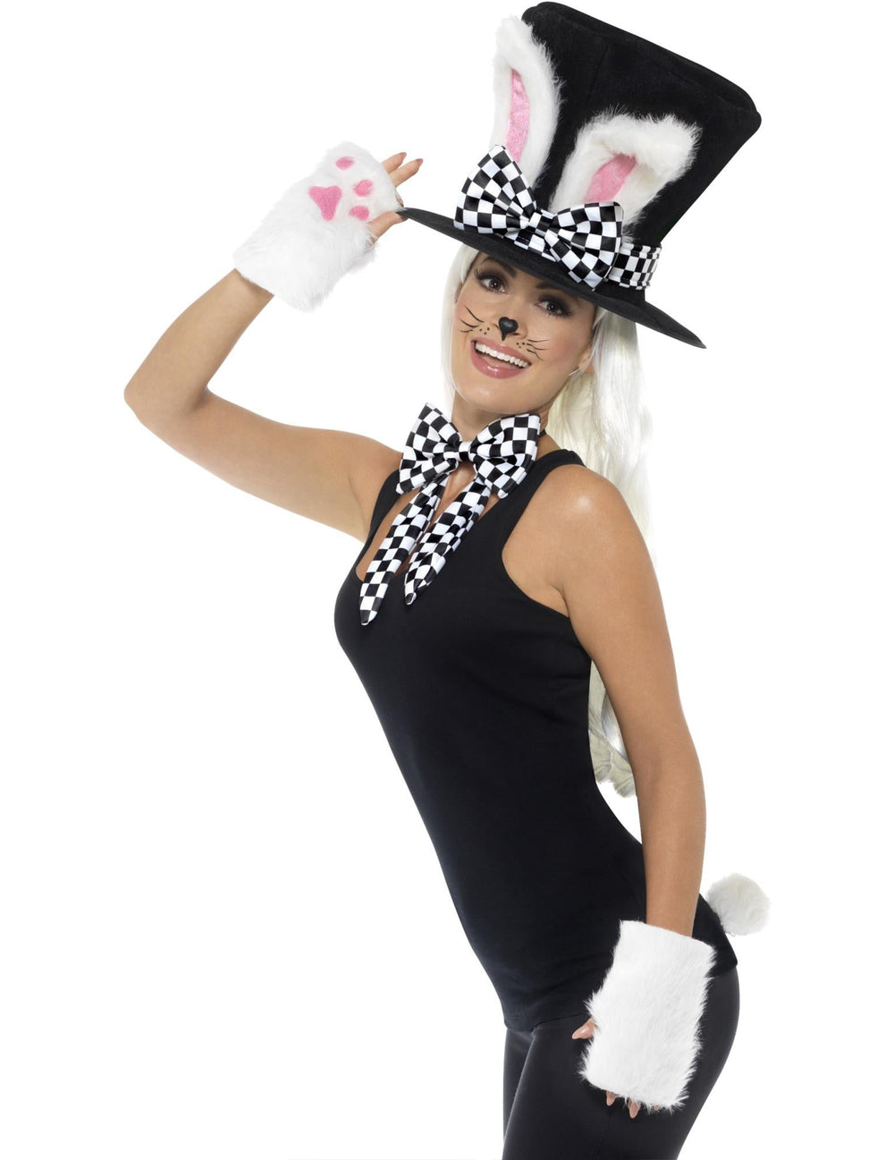 Kit de lapin chapelier pour adulte noir et blanc à damier avec oreilles et gants en peluche