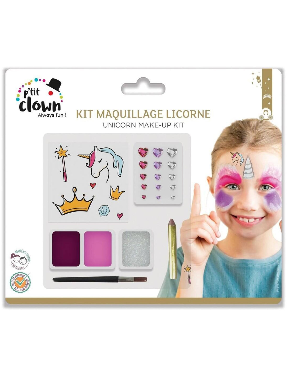 Kit maquillage avec tatouages licorne pour enfant rose et violet avec strass et pinceau