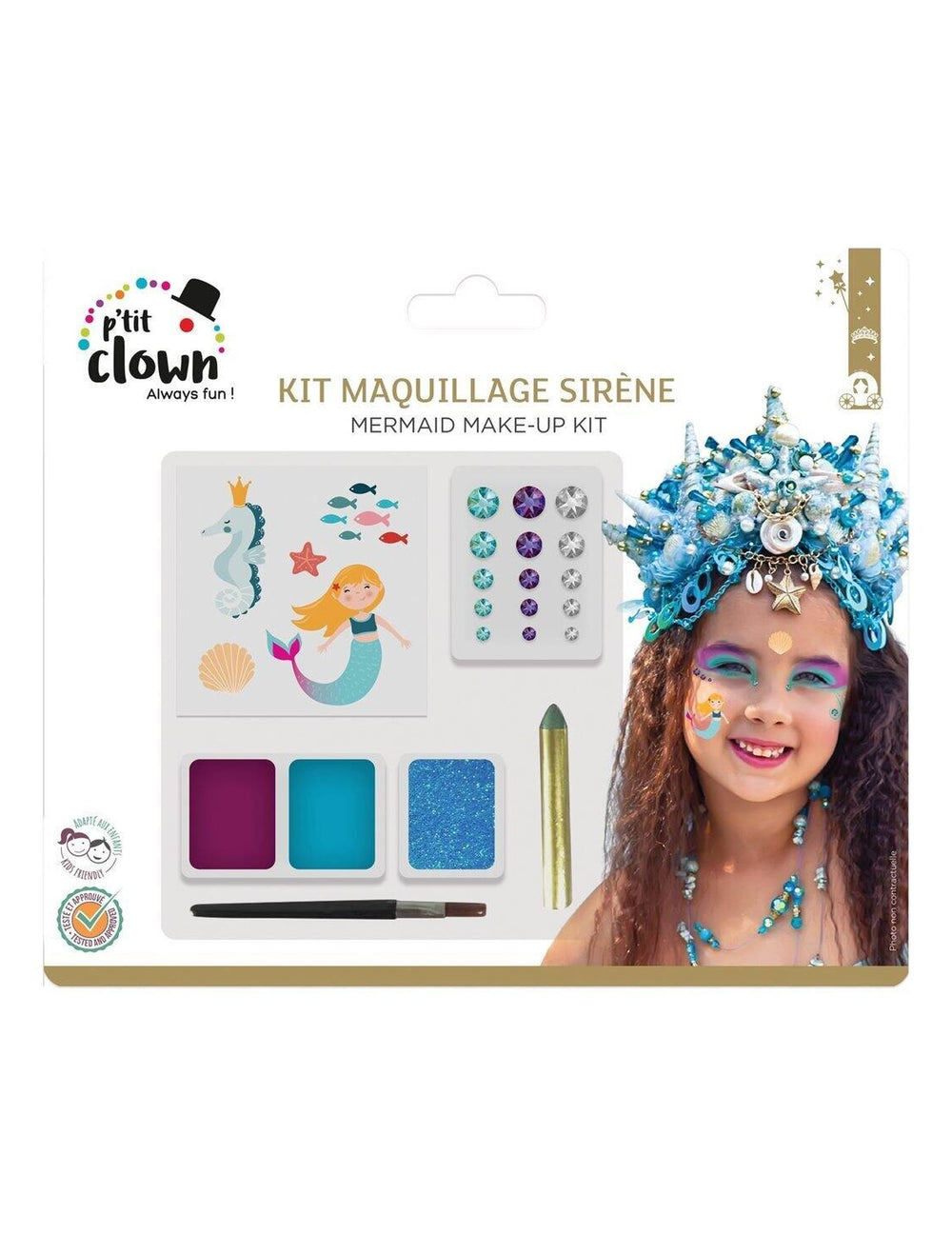 Kit maquillage avec tatouages sirène pour enfant bleu et violet avec paillettes et strass