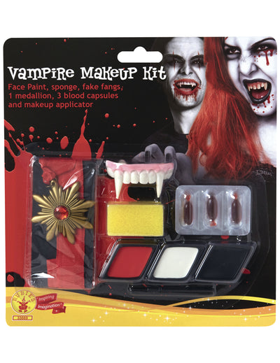 Kit maquillage et accessoires vampire pour adulte rouge blanc et noir avec médaillon et faux crocs