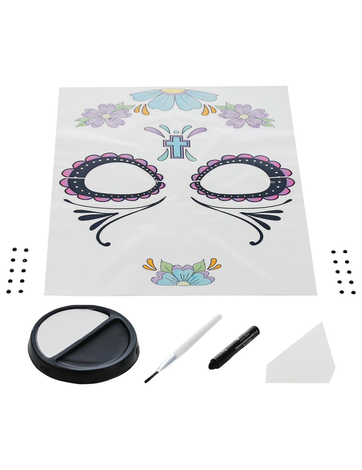 Vue d'ensemble du contenu du kit maquillage Dia de los muertos pour femme fleurs bleues
